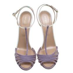 Pre Owned Sergio Rossi Purple/White Suede and Leather T-Strap Sandals Size 38.5