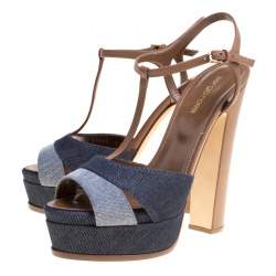 Pre Owned صندل سيرجيو روسي دينيم وجلد بني/أزرق نعل سميك مقاس 39.5