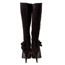 Pre Owned حذاء بوت للركبة سيرجيو روسي مزين بفيونكة سويدي بني داكن مقاس 37.5