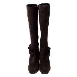 Pre Owned حذاء بوت للركبة سيرجيو روسي مزين بفيونكة سويدي بني داكن مقاس 37.5