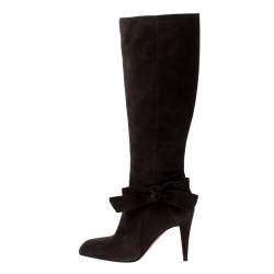 Pre Owned حذاء بوت للركبة سيرجيو روسي مزين بفيونكة سويدي بني داكن مقاس 37.5