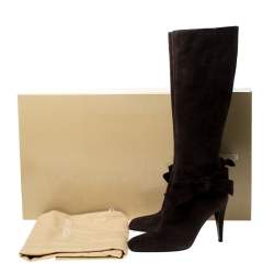 Pre Owned حذاء بوت للركبة سيرجيو روسي مزين بفيونكة سويدي بني داكن مقاس 37.5