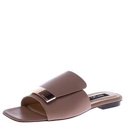 Pre Owned Sergio Rossi Beige Leather SR1 Flat Mules Size 38.5