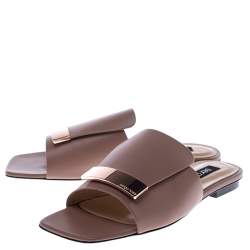 Pre Owned Sergio Rossi Beige Leather SR1 Flat Mules Size 38.5