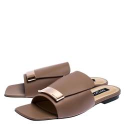 Pre Owned Sergio Rossi Beige Nude Leather SR1 Slide Flats Size 39.5