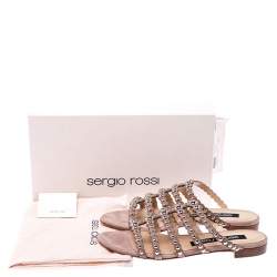 Pre Owned Sergio Rossi Beige Suede Studded Strappy Flats Size 39.5