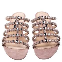 Pre Owned Sergio Rossi Beige Suede Studded Strappy Flats Size 39.5