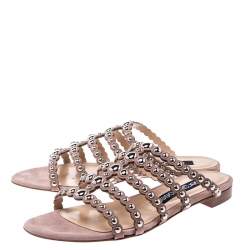 Pre Owned Sergio Rossi Beige Suede Studded Strappy Flats Size 39.5