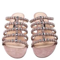 Pre Owned Sergio Rossi Beige Suede Studded Flat Slides Size 38.5