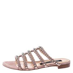 Pre Owned Sergio Rossi Beige Suede Studded Flat Slides Size 38.5