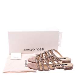 Pre Owned Sergio Rossi Beige Suede Studded Flat Slides Size 38.5