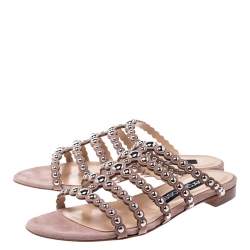 Pre Owned Sergio Rossi Beige Suede Studded Flat Slides Size 38.5