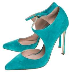 Pre Owned Sergio Rossi Aqua Blue Suede Mary Jane Ankle Strap Pumps Size 40