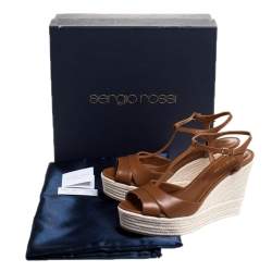 Pre Owned Sergio Rossi Brown Leather Wedge Espadrille Ankle Strap Sandals Size 39