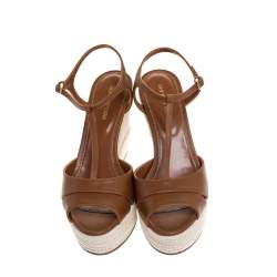 Pre Owned Sergio Rossi Brown Leather Wedge Espadrille Ankle Strap Sandals Size 39