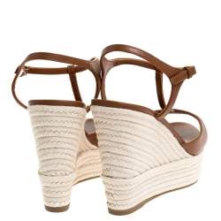 Pre Owned Sergio Rossi Brown Leather Wedge Espadrille Ankle Strap Sandals Size 39