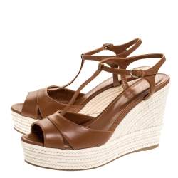 Pre Owned Sergio Rossi Brown Leather Wedge Espadrille Ankle Strap Sandals Size 39