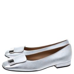 Pre Owned Sergio Rossi Silver Leather sr1 Metal Plate Detail Square Toe Ballet Flats Size 40