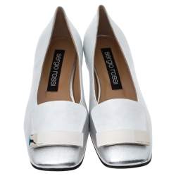 Pre Owned Sergio Rossi Silver Leather sr1 Metal Plate Detail Square Toe Ballet Flats Size 40