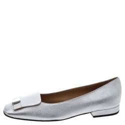 Pre Owned Sergio Rossi Silver Leather sr1 Metal Plate Detail Square Toe Ballet Flats Size 40