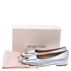 Pre Owned Sergio Rossi Silver Leather sr1 Metal Plate Detail Square Toe Ballet Flats Size 40