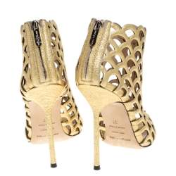 Pre Owned Sergio Rossi Metallic Gold Leather Scalloped Peep Toe Caged Booties Size 37