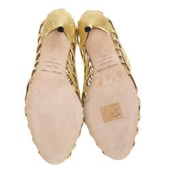 Pre Owned Sergio Rossi Metallic Gold Leather Scalloped Peep Toe Caged Booties Size 37