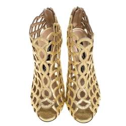Pre Owned Sergio Rossi Metallic Gold Leather Scalloped Peep Toe Caged Booties Size 37