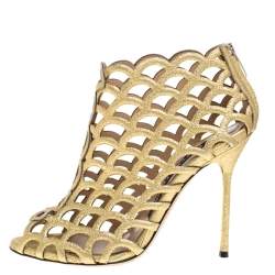 Pre Owned Sergio Rossi Metallic Gold Leather Scalloped Peep Toe Caged Booties Size 37