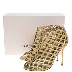 Pre Owned Sergio Rossi Metallic Gold Leather Scalloped Peep Toe Caged Booties Size 37