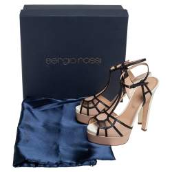 Pre Owned Sergio Rossi Beige And Black Leather T-Strap Platform Sandals Size 38