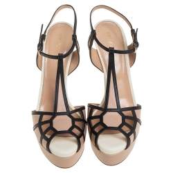 Pre Owned Sergio Rossi Beige And Black Leather T-Strap Platform Sandals Size 38