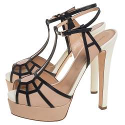 Pre Owned Sergio Rossi Beige And Black Leather T-Strap Platform Sandals Size 38