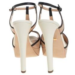 Pre Owned Sergio Rossi Beige And Black Leather T-Strap Platform Sandals Size 38