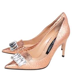 Pre Owned Sergio Rossi Metallic Rose Gold Textured Leather Crystal Embellished SR1 Pointed Toe Pumps Size 38.5