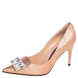 Pre Owned Sergio Rossi Metallic Rose Gold Textured Leather Crystal Embellished SR1 Pointed Toe Pumps Size 38.5