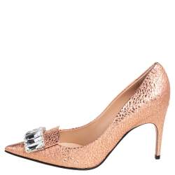 Pre Owned Sergio Rossi Metallic Rose Gold Textured Leather Crystal Embellished SR1 Pointed Toe Pumps Size 38.5