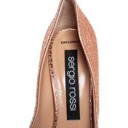 Pre Owned Sergio Rossi Metallic Rose Gold Textured Leather Crystal Embellished SR1 Pointed Toe Pumps Size 38.5