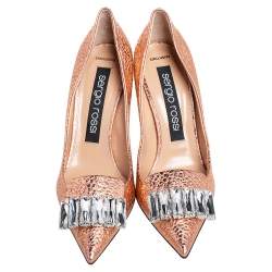 Pre Owned Sergio Rossi Metallic Rose Gold Textured Leather Crystal Embellished SR1 Pointed Toe Pumps Size 38.5