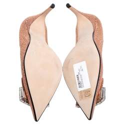 Pre Owned Sergio Rossi Metallic Rose Gold Textured Leather Crystal Embellished SR1 Pointed Toe Pumps Size 38.5