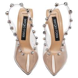 Pre Owned Sergio Rossi Beige PVC Crystal Embellished Slingback Sandals Size 38.5