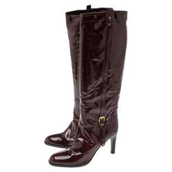 Pre Owned Sergio Rossi Burgundy Patent Leather Knee Length Boots Size 40.5