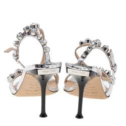 Sergio Rossi Silver Python Embossed Leather Embellished Ankle Strap Sandals Size 38
