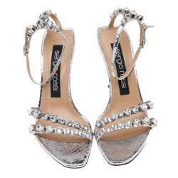 Sergio Rossi Silver Python Embossed Leather Embellished Ankle Strap Sandals Size 38