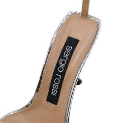 Sergio Rossi Silver Python Embossed Leather Embellished Ankle Strap Sandals Size 38