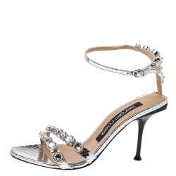 Sergio Rossi Silver Python Embossed Leather Embellished Ankle Strap Sandals Size 38