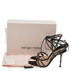 Sergio Rossi Black Satin Crystal Embellished Ankle Wrap Sandals Size 38