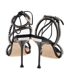 Sergio Rossi Black Satin Crystal Embellished Ankle Wrap Sandals Size 38