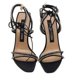 Sergio Rossi Black Satin Crystal Embellished Ankle Wrap Sandals Size 38