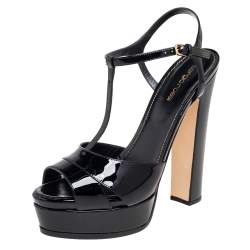 مملوكة مسبقًا صندل سيرجيو روسي ايدويغد جلد لامع أسود نعل سميك مقاس 40